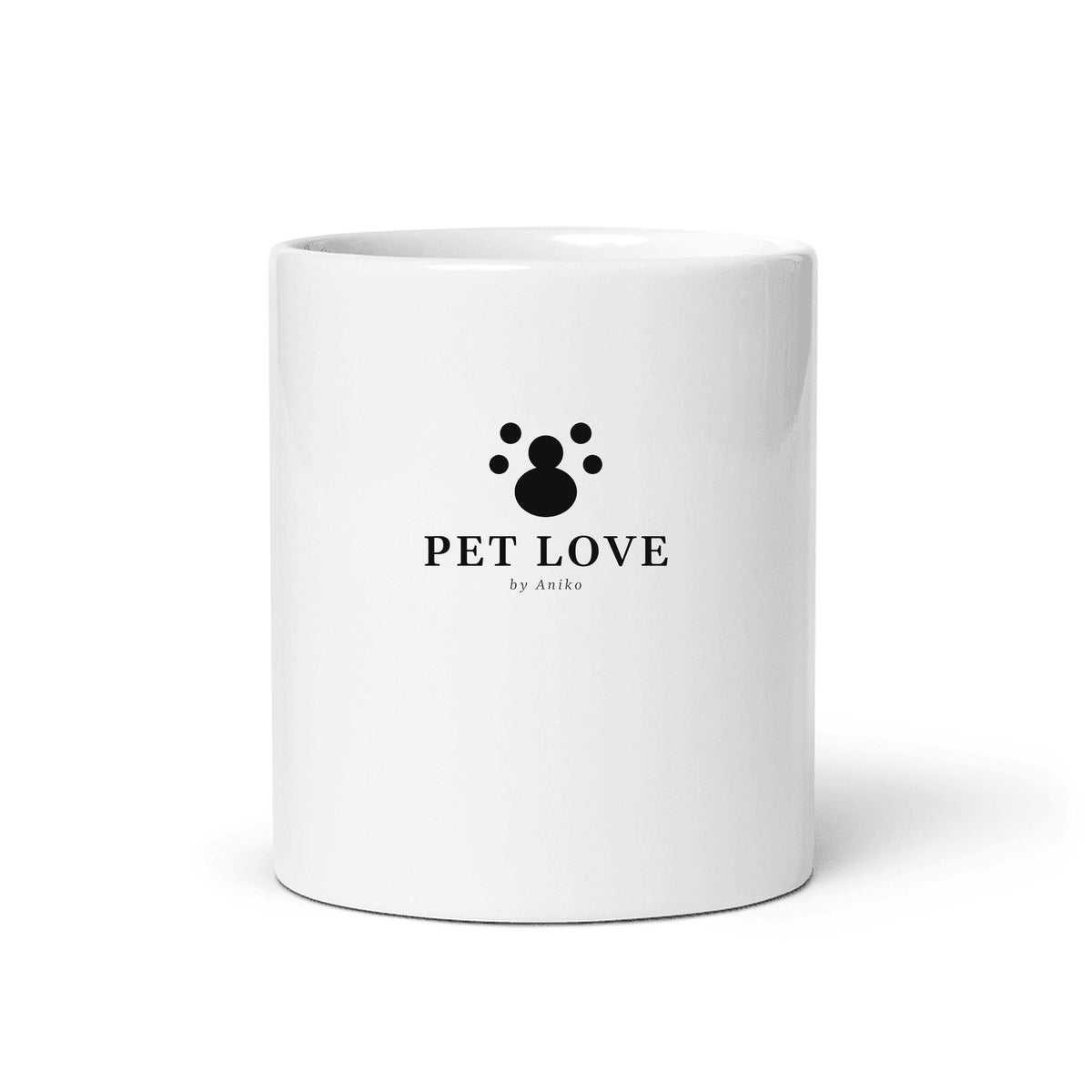 White ceramic Pet Love mug with paw and wordmark