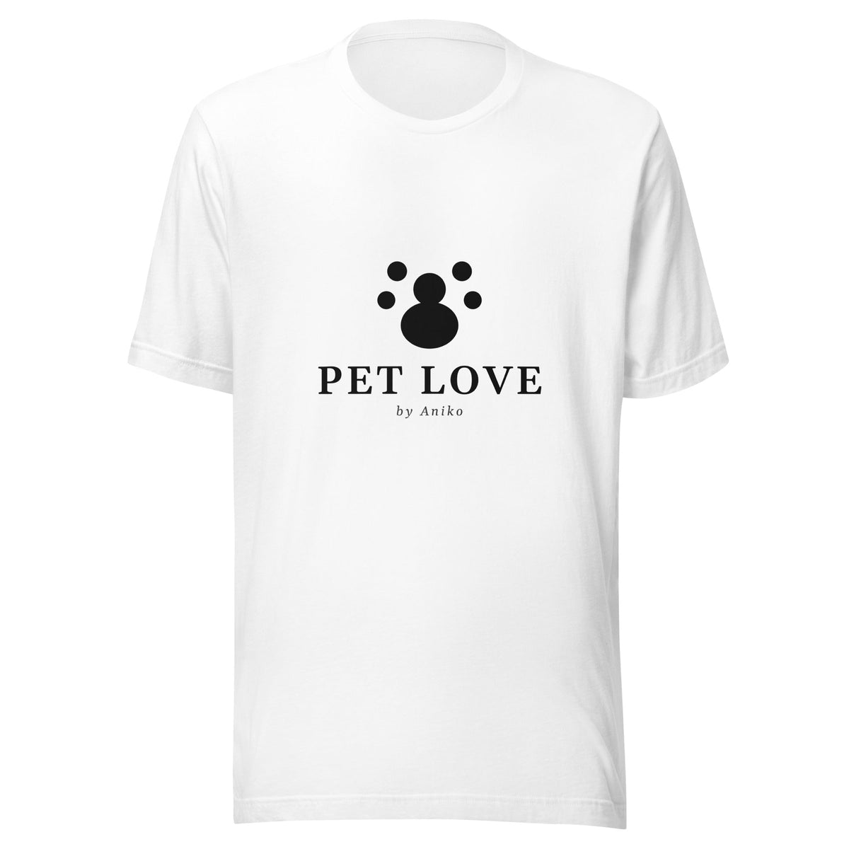 White Pet Love tee with paw print wordmark